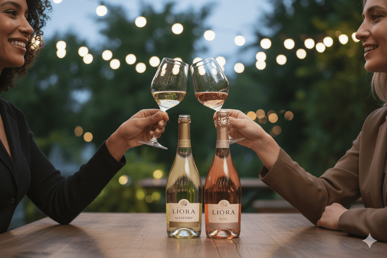 Two women toasting with Liora prosecco outdoors